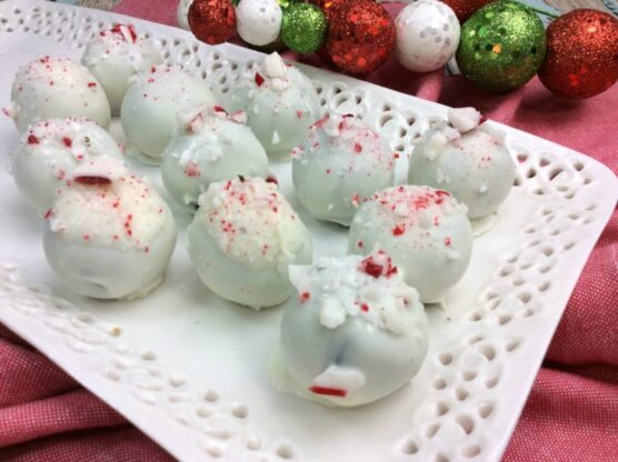 Chocolate peppermint truffles with crushed candy cane on top
