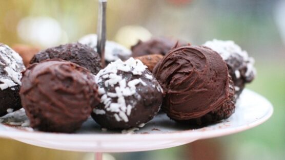 Brandy chocolate truffles with a variety of toppings