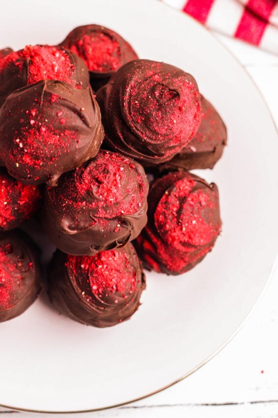 Strawberry truffles with crushed strawberries sprinkles on top