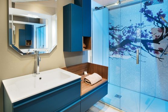 blue bathroom vanity with matte finish